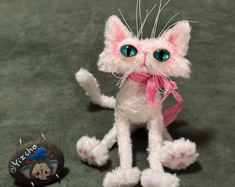 Handmade Mohair Cat Art Doll: OOAK Poseable Plush with Resin Eyes