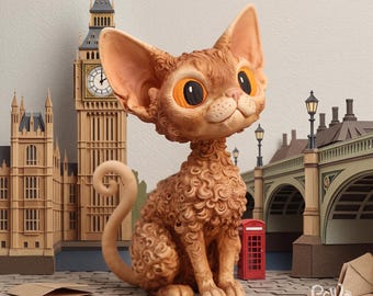 Lockig kattfigur, Devon Rex, fantasikattskulptur, handgjord orange kattdekoration