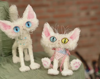 Muñeco de gato de mohair hecho a mano: peluche articulado OOAK con ojos de resina