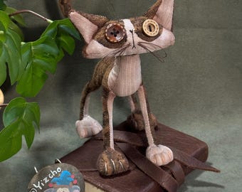 OOAK Button-Eyed Cat Art Doll: Handmade Poseable Plush