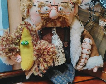 Shearling Uncle OOAK Handmade Fabric Art Doll, Poseable Collectible Artist Doll