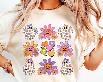 レトロな花柄ゴースト柄ハロウィンシャツ、不気味な季節のTシャツ