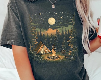 Vintage Camping Shirt, Tent Campfire Forest Tee, Outdoors Nature T-Shirt, Cozy Adventure Tee, Moonlit Wilderness Hiking T-Shirt, Bonfire Tee