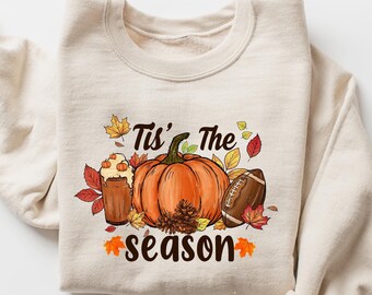 Ropa bonita de otoño, sudadera Tis the Season, sudadera de fútbol de otoño, camiseta de café de temporada de otoño, sudadera de moda de otoño, linda camiseta de calabaza