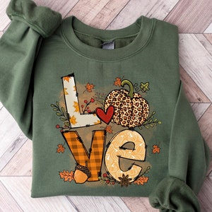 Love Fall Y&#39;All Sweatshirt, Leopard Print Fall Shirt,Thanksgiving Hello Pumpkin,Fall Vibes,Peace Love Thanksgiving,Family Thanksgiving Shirt