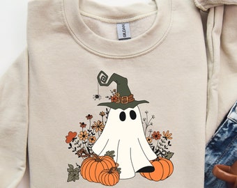 レトロな花柄ゴースト スウェットシャツ、かわいいハロウィン ゴースト シャツ、ヴィンテージ ゴースト シャツ、花柄ゴースト シャツ、不気味な季節のシャツ