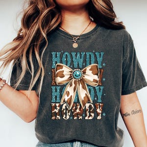 Howdy Country Bow Shirt, Western Coquette Shirt, Turquoise leopard Cowgirl Shirt, Country Sweater, Girly Western Sweatshirt,Bow Gift for Her