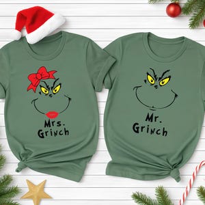 Grinch Couple Christmas Shirts, Mr and Mrs Grinch Matching Holiday Tee, Custom Name Grinch Shirt Set, Funny Xmas Pajama Shirt for Couples