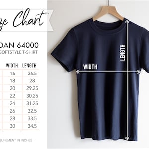 May include: Size chart for Gildan 64000 G640 Softstyle T-shirt. The chart shows the width and length measurements in inches for sizes XS to 4XL.