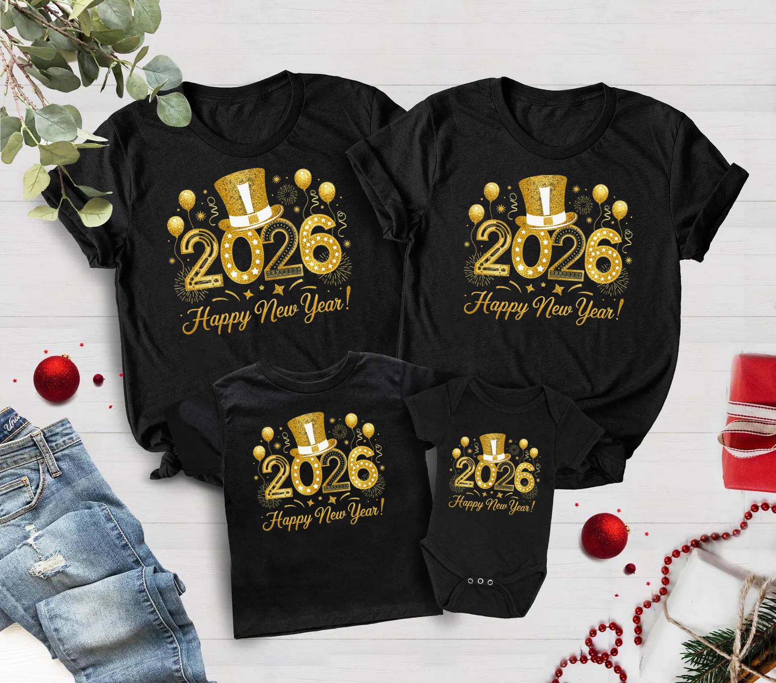 Discover Happy New Year 2026 Shirt, Matching Family New Year Outfit, Gold Print New Year Party T-shirt, Festive Holiday Tee, NYE 2026 Sweatshirt