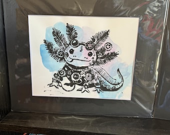Steampunk Axolotl Art Print – Whimsical Lino Print | Fantasy Amphibian Wall Art | Handmade Gift for Sci-Fi or Creature Lovers