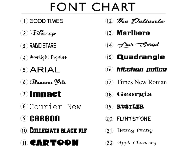 May include: A black and white font chart displaying 22 different font styles. Each font is numbered and presented with its name, including fonts like "Good Times", "Disney", "Impact", and "Cartoon".