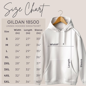 K&ouml;nnte beinhalten: Gr&ouml;&szlig;entabelle f&uuml;r ein Gildan 18500 Unisex-Kapuzenpullover. Die Tabelle zeigt die Breite, L&auml;nge und &Auml;rmell&auml;nge in Zoll f&uuml;r die Gr&ouml;&szlig;en S bis 5XL.