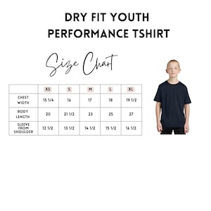 The image is a size chart for a dry fit youth performance t-shirt, showing the measurements for chest, waist, body, sleeve length, and shoulder width for different age groups.