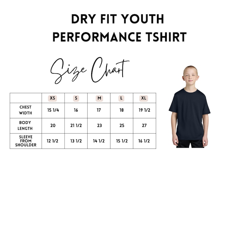The image is a size chart for a dry fit youth performance t-shirt, showing the measurements for chest, waist, body, sleeve length, and shoulder width for different age groups.