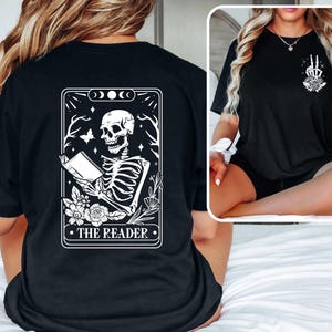 The Reader Tarot Card Front And Back Printing Shirt, Skeleton Reading T-shirt, Book Lover Gift For Women, Book Lover Tee, Tarot Card Shirt