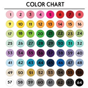 Puede incluir: Una carta de colores con sesenta y cuatro c&iacute;rculos numerados dispuestos en una cuadr&iacute;cula de ocho por ocho. Los c&iacute;rculos muestran un amplio espectro de colores que incluye rosas, rojos, amarillos, naranjas, verdes, azules, morados, marrones, grises, blanco y negro.