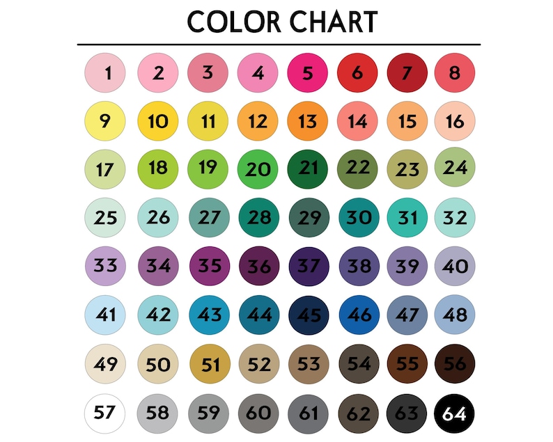 Puede incluir: Una carta de colores con sesenta y cuatro c&iacute;rculos numerados dispuestos en una cuadr&iacute;cula de ocho por ocho. Los c&iacute;rculos muestran un amplio espectro de colores que incluye rosas, rojos, amarillos, naranjas, verdes, azules, morados, marrones, grises, blanco y negro.