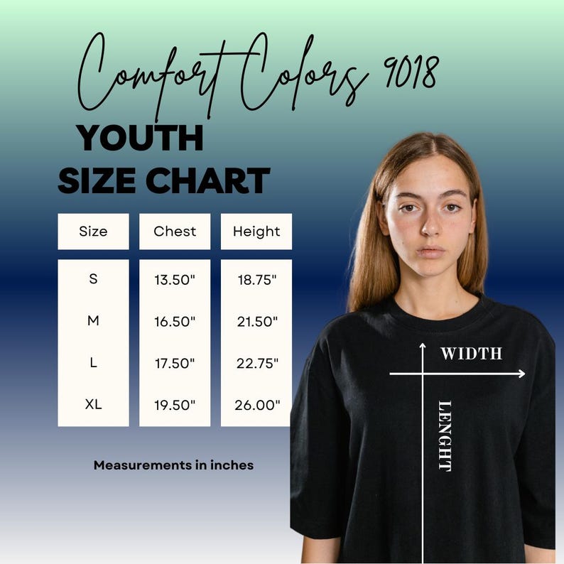 Może przedstawiać: Tabela rozmiar&oacute;w młodzieżowych Comfort Colors 9018 przedstawiająca wymiary klatki piersiowej i wzrostu w calach dla rozmiar&oacute;w S, M, L i XL. Tabela zawiera schemat czarnego t-shirtu z białymi liniami wskazującymi wymiary szerokości i długości.