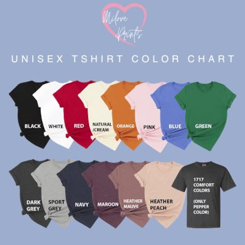 unisex t - shirt color chart