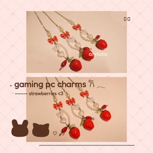 cute strawberry gaming pc charm accessory | berry, floral, pearls, ribbons | magnetic