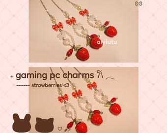 cute strawberry gaming pc charm accessory | berry, floral, pearls, ribbons | magnetic