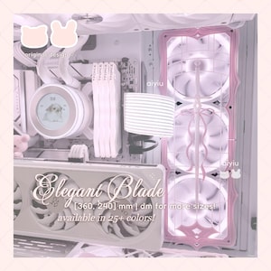 Peut inclure: Un intérieur de boîtier d'ordinateur blanc avec un cache-ventilateur rose en forme d'épée, un écran de refroidissement CPU circulaire affichant un lapin, quatre barrettes RAM T-Force et une carte graphique. Texte Elegant Blade, 360, 240 mm.