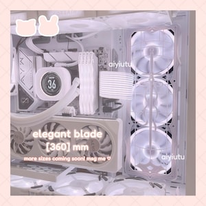 May include: A white computer case with internal components, including fans, a CPU cooler displaying "36", and a graphics card labeled "elegant blade [360] mm". The text "more sizes coming soon! msg me" is also visible.