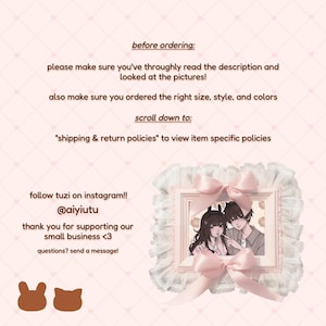 May include: A pink and white framed illustration of a couple, decorated with a pink bow and lace trim. Text includes "before ordering", "scroll down to", and Instagram handle @aiyiutu. Two brown cartoon animal shapes are at the bottom.