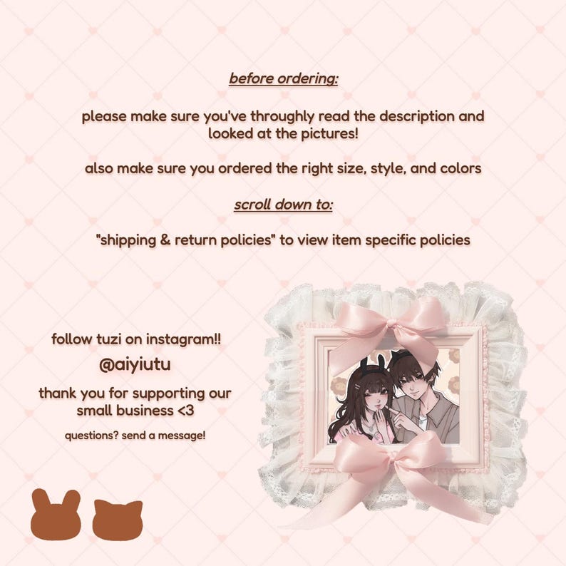 May include: A pink and white framed illustration of a couple, decorated with a pink bow and lace trim. Text includes "before ordering", "scroll down to", and Instagram handle @aiyiutu. Two brown cartoon animal shapes are at the bottom.