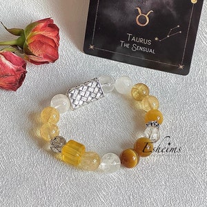 Bransoletka z zawieszkami zodiaku Byk, Bransoletka z kamieniem szlachetnym, Cytryn, Azetulit, Kryształ Strażnika Astrologii, Prezent na szczęście, Biżuteria spersonalizowana