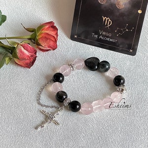 Bransoletka z zawieszkami zodiaku Panny, Bransoletka z kamieniem szlachetnym, Kwarc różowy, Obsydian, Bransoletka z kryształowym kamieniem szlachetnym, Prezent na szczęście, Prezent astrologiczny