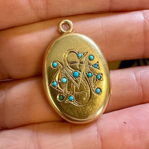 Gold & Turquoise Locket With Original Photos inside-Antique