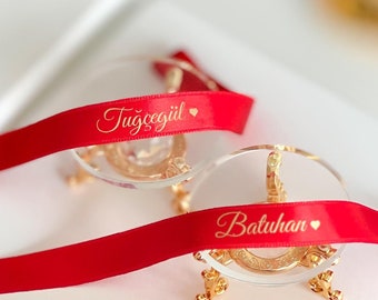 Personalized Red Satin Wedding Ribbon: Custom Name Ring Band, Bridal Favor (15 mm)
