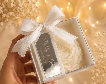 Custom Peony Candle Favor with personalized plexiglass tag: Wedding Favors, Engagement Favors