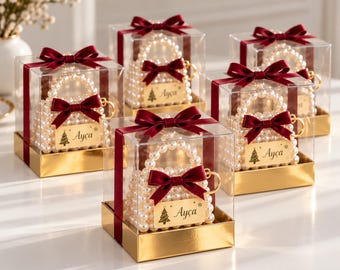 Personalized Mini Pearl Bag with Chocolate; Christmas Favor, Xmas Keepsake
