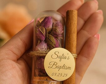 Personalized Dried Rose & Cinnamon Favor: Elegant Wedding Keepsake