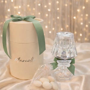 Personalized Cylinder Favor Box with Mini Lamp and Almond Candies, Baptism Keepsake, Bomboniere battesimo