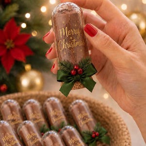 Può includere: Un contenitore cilindrico in plastica trasparente riempito di polvere marrone, con la scritta dorata Merry Christmas, un fiocco di nastro verde scuro e tre piccole bacche rosse alla base. Il contenitore è sigillato con un tappo di sughero.