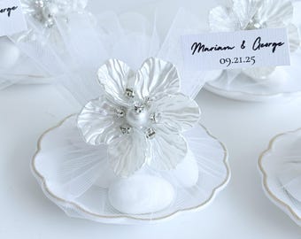 Bomboniere personalizzate con mandorle e fiori fatti a mano, regalo di fidanzamento, bomboniere per matrimonio