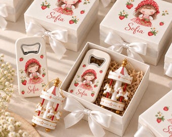 Personalized Teddy Bear Carousel Favor Box, Bottle Opener, Baptism Gift (Strawberry Theme)