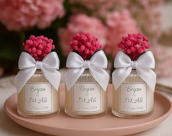 Personalized Candle Favor for Wedding and Baptism: Custom Name Tag, Ribbon and Flower Decoration