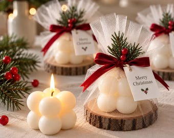 Handmade Christmas Bubble Candle Favors: Ivory Candle, Wooden Coaster, Tulle Wrap (Personalized)