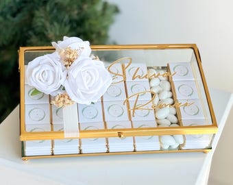 Personalized Gold Glass Chocolate Box: Wedding Engagement Favors