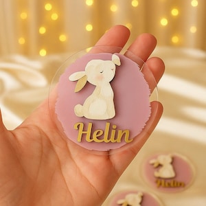 Puede incluir: Una etiqueta de nombre de acrílico transparente con un fondo rosa y un diseño de conejito de madera. El nombre "Helin" está escrito en letras doradas. Hay etiquetas de nombre adicionales en el fondo.