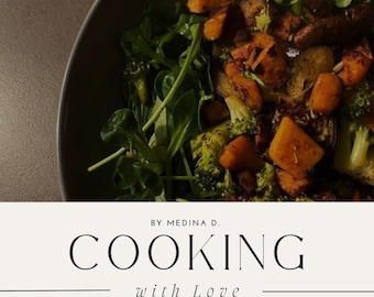 May include: A close-up of a gray bowl filled with a salad of roasted sweet potatoes, broccoli florets, and leafy greens. The text "Cooking with Love" is displayed below the image.