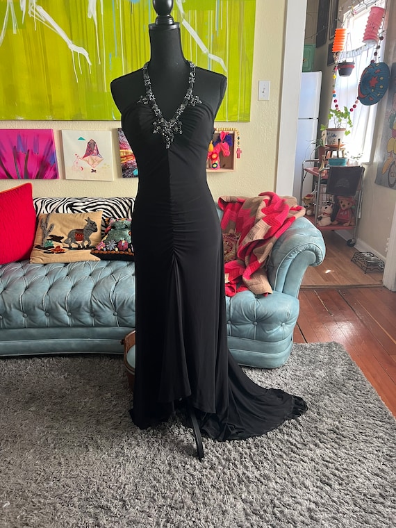 1990s Y2k Cache black matte jersey bejeweled halt… - image 2