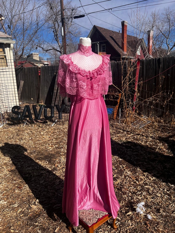 1970s victorian style mauve shimmery lace and sati