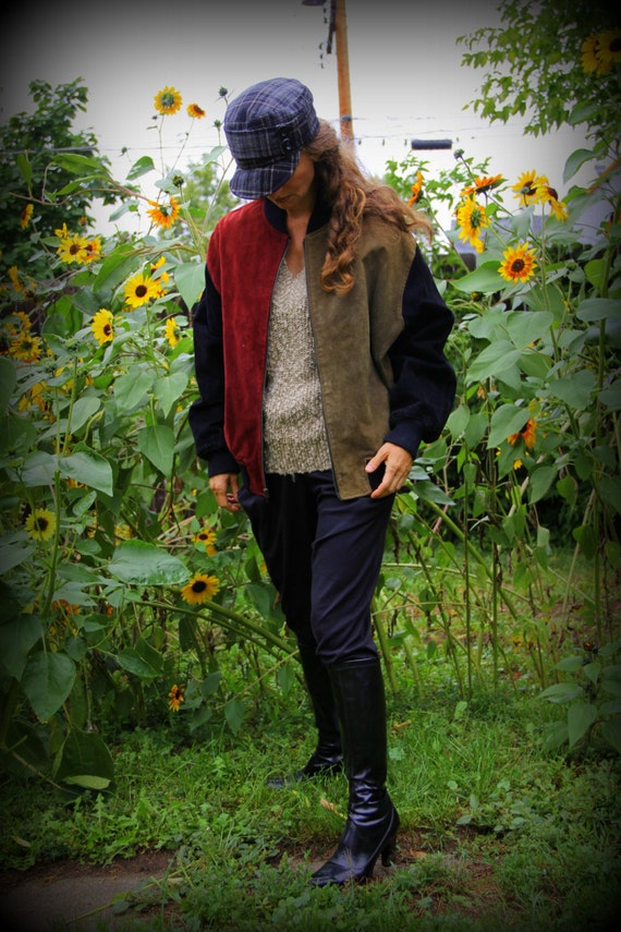 1980's colorblock suede baseball jacket burgundy … - image 3