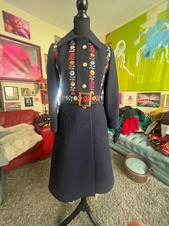1970s wool navy trench With embroidered flowers an